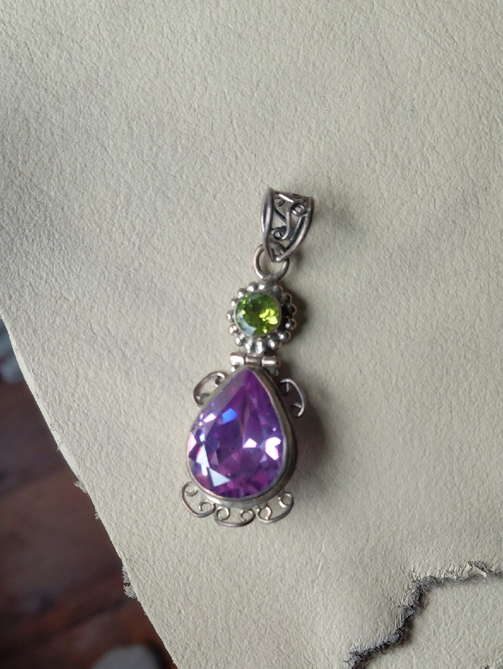 Sterling Silver Teardrop Pendant with Purple and Green Stones